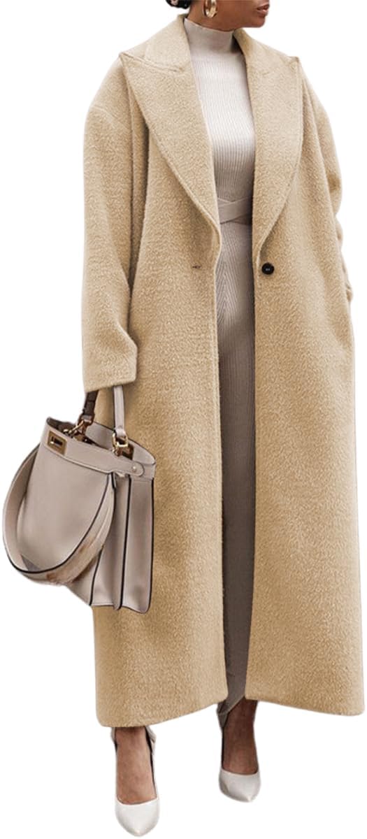 Women's Notch Lapel Single Breasted Pea Coats Wool Blend Maxi Trench Coat Long Sleeve Open Front Overcoat Jacket