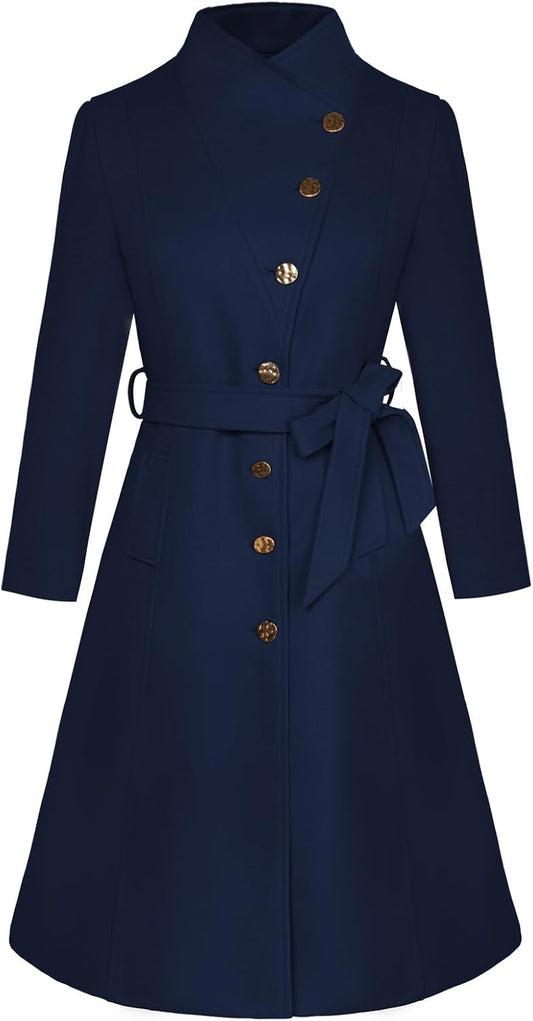 Women's Fall Coat  Fall Casual Notch Lapel Single Breasted Belted Midi Peacoat with Pockets