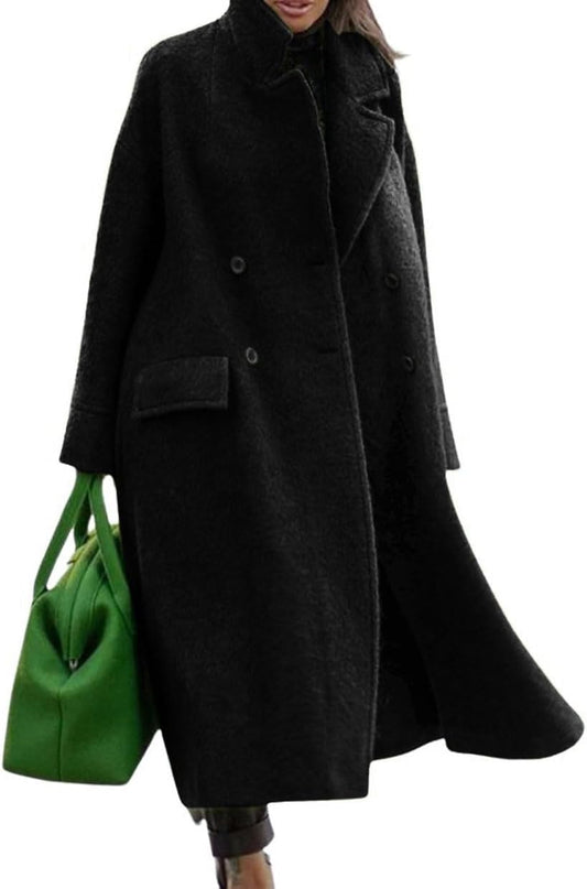 Women Oversized Long Fall Coats Warm Wool Blend Pea Trench Coat Overcoat
