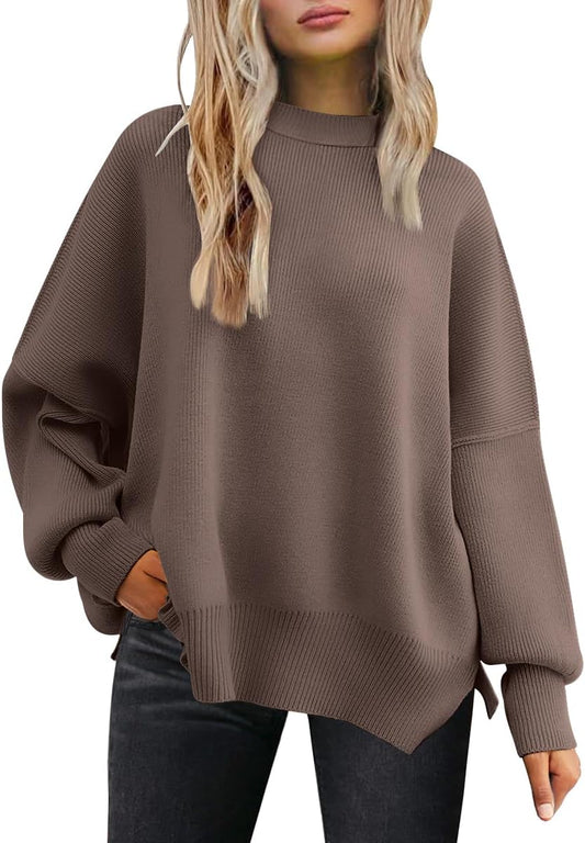 Women's Oversized Batwing Sweaters  Fall Outfits Trendy Crewneck Knit Side Slit Fashion Pullover Tops