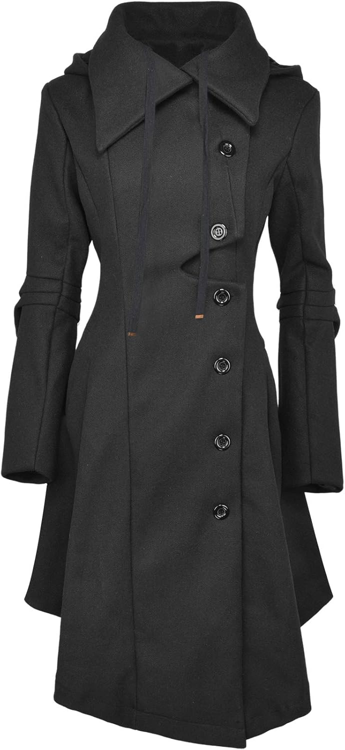 Long Trench Pea Coat for Women - Wool Fall Trench Coat Goth Lapel Peacoat Outwear Thick Hood Pea Jacket Trenchcoat