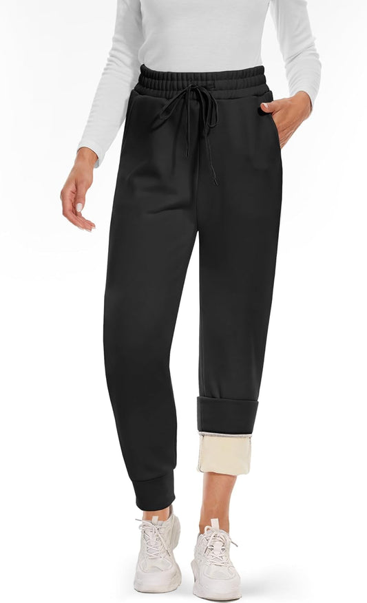 Fleece Lined Sweatpants Women - Joggers for Women with Pockets High Waisted Thermal Winter Warm Pants for Snow