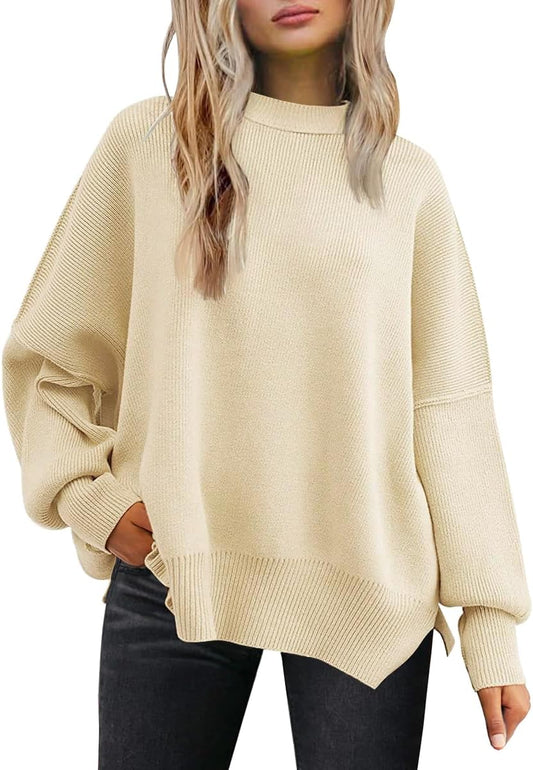 Women's Oversized Batwing Sweaters  Fall Outfits Trendy Crewneck Knit Side Slit Fashion Pullover Tops