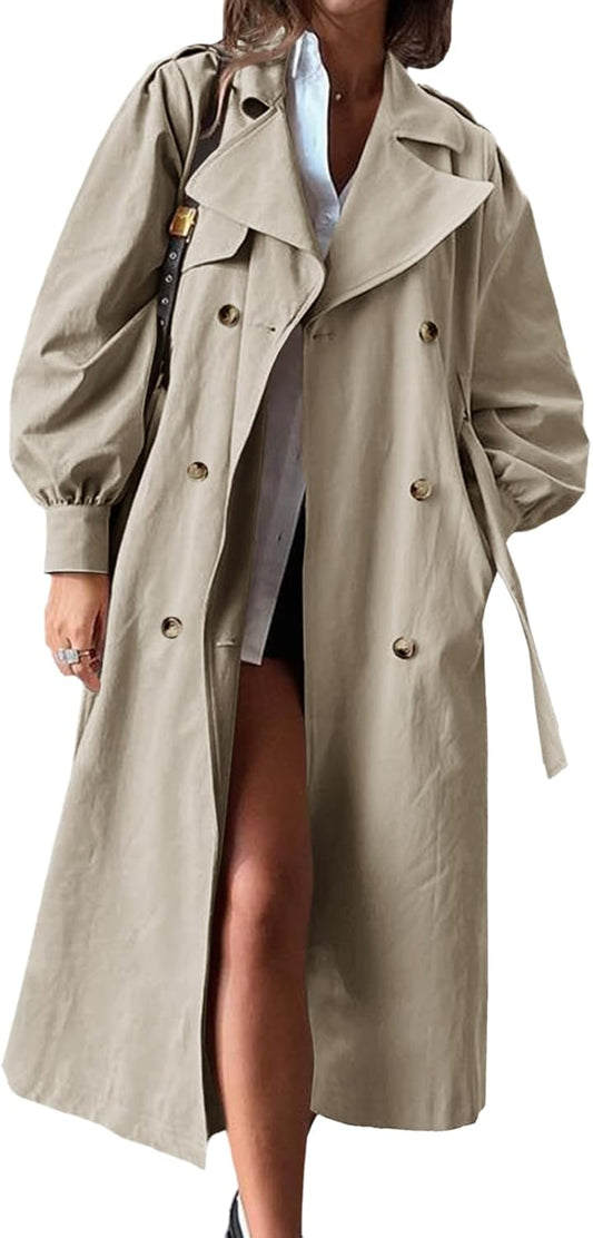 Women's Long Trench Coat Fall Fashion Oversized Double Breasted Lapel Overcoat Outerwear with Belt