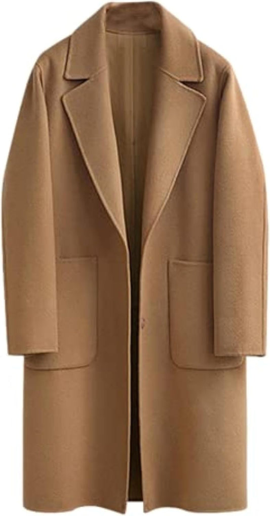 Women's Notched Lapel Wool Coats Mid Long Button Pea Coats Warm Thicken Trench Jacket