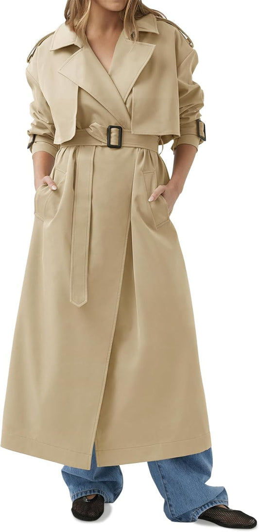 Women's Long Trench Coat Casual Oversized Fashion Classic Lapel Overcoat with Belt