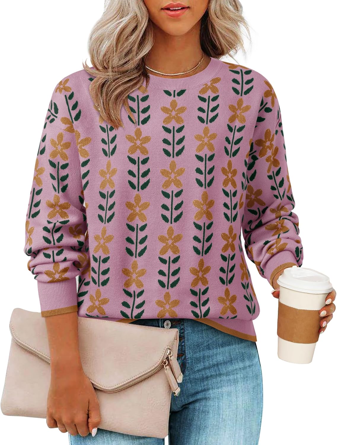 Women's Long Sleeve Crewneck Sweater 2026 Fall Printed Cute Oversized Knitted Pullover Tops Trendy Clothes