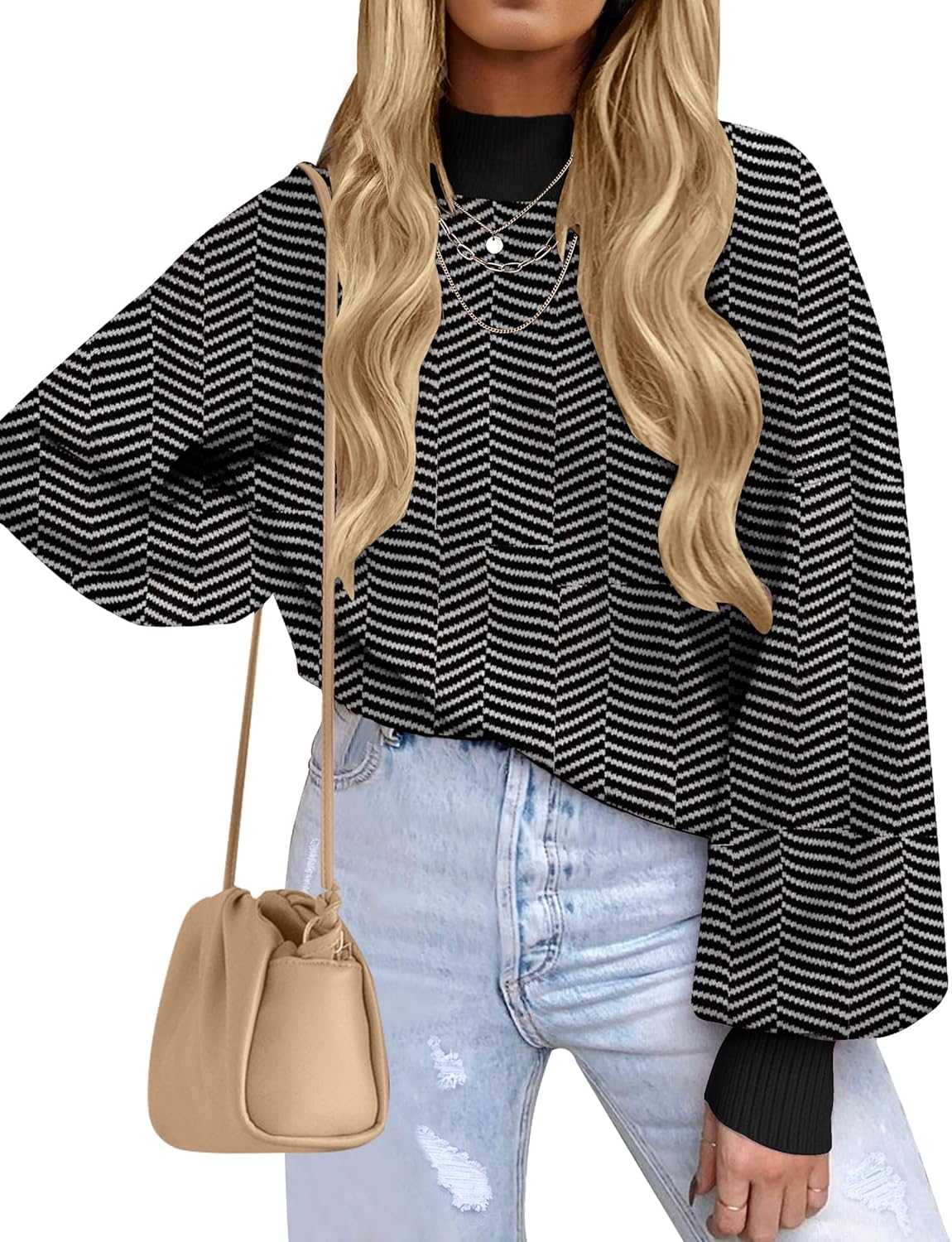 Women's 2026 Fall Fashion Turtleneck Long Sleeve Striped Ribbed Knit Loose Pullover Sweater Tops