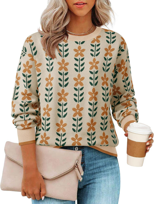 Women's Long Sleeve Crewneck Sweater 2026 Fall Printed Cute Oversized Knitted Pullover Tops Trendy Clothes